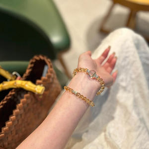 Pulsera de Citrino Natural de Brasil para Mujer, Anillo Doble, Amarillo Súper Brillante, Cuarzo Verde Intenso, Estilo Multi-Wrap - Product Image 1