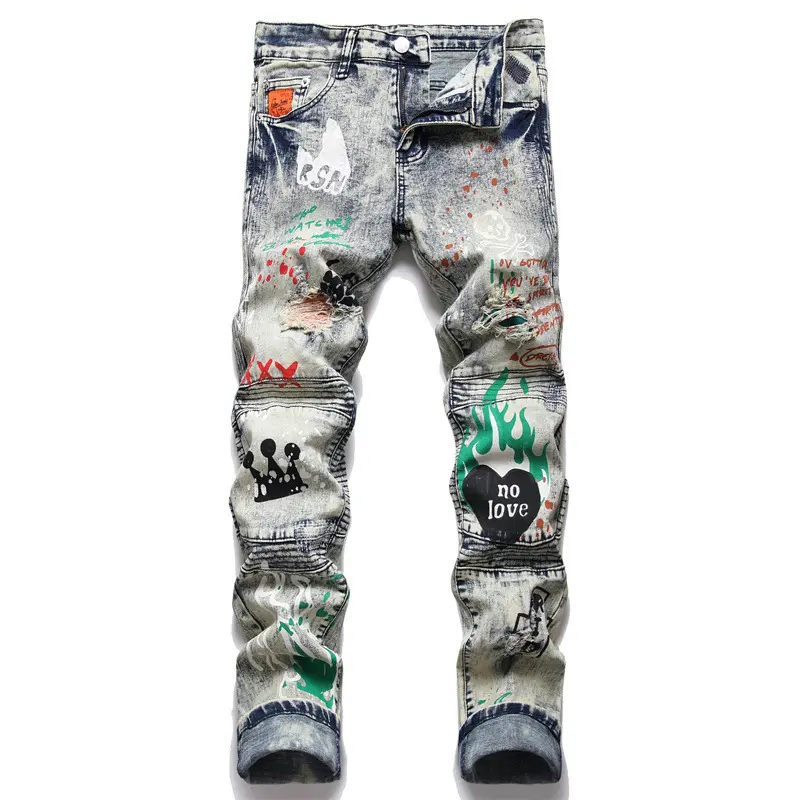 AeeDenim New Arrival 2023 Spring Men's Stretch Jeans Fashion Urban Ripped Print Stitching Skinny Mid-Waist Denim Jeans