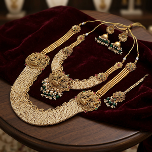 Collares combinados chapados en acabado mate estilo antiguo, Conjunto de joyería nupcial largo, Conjunto de joyería tradicional india de estilo antiguo, Joyería con diseños de templos. - Product Image 5
