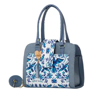 Bolso Tote de Algodón Azul para Mujer, Tamaño Mediano, para Uso Diario o Playa, con Cierre de Broche y Bolsillo Interno con Cremallera - Product Image 4
