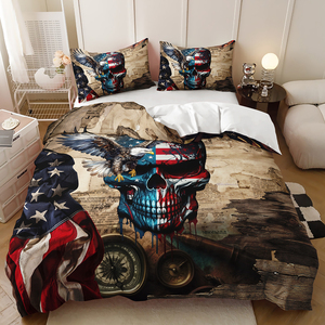 Juego de Funda Nórdica con Diseño de Calavera Gótica en 3D, Bandera Estadounidense Grande, Estilo Esqueleto - Product Image 1