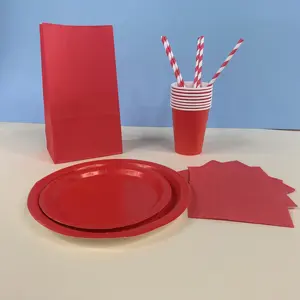 Stock Solid Color Party Supplies Red Disposable Decoration Birthday Kids Tableware Party Set