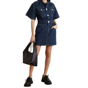 2022 Women Vestidos Casual Summer Shirt Dresses Elegant Short Sleeve Jeans Dress Blue Denim Dress For Ladies Ropa De Mujer