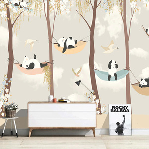 Handbemalte Karikatur Tiere <span class=keywords><strong>Panda</strong></span> Tiere Schlafzimmer Wohnzimmer Fernseher-Hintergrund Wand Pvc-Wandbild - Product Image 2