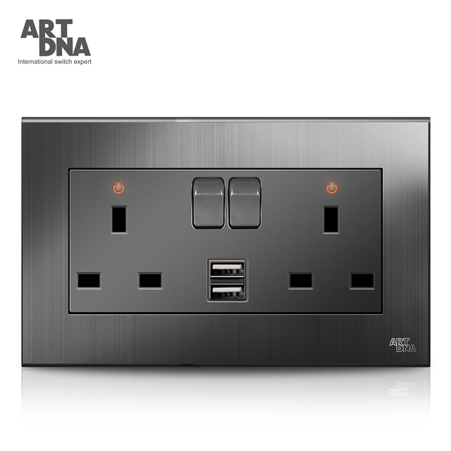 For KSA Saudi Arabia 250V 13A Twin DP Double Pole With 2 Ports 3.4A USB Charger & Neon Switched Socket