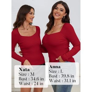 Comodo7 femmes automne mode côtelé à manches longues léger hauts en tricot mignon à la mode tenues à col carré - Product Image 3