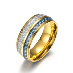 18K PVD Plated Gold Stainless Steel <b>Ring</b> with Silver Foil Texture and Blue Carbon Fiber Inlay <b>for</b> <b>Men</b> | Luxury & Durable Design - Product Image 1