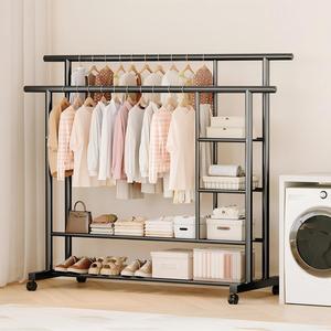 Doppia bacchetta appendiabiti con 4 ripiani di stoccaggio in metallo ispessito porta abiti organizzatore per <span class=keywords><strong>camera</strong></span> da letto - Product Image 3