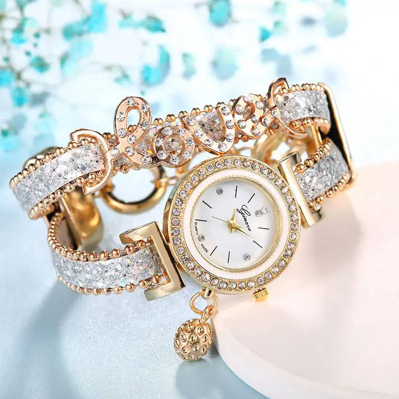 Braided Leather Bracelet Watch Women Crystal Inlay Quartz Watch LOVE Fashion Luxury Ladies Fashion Watch