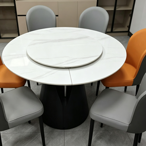 Modern Round Marble <b>Dining</b> Table <b>Set</b> with <b>6</b> PU <b>Leather</b> <b>Chairs</b> Rotatable Design Home Furniture - Product Image 6