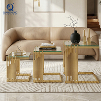 QIANCHENG Tables basses carrées gigognes en métal, design haut de gamme, verre transparent, personnalisables, OEM ODM, pour boutiques élégantes