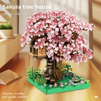 Kit Model Plastik DIY Rumah Bunga Sakura Desain Baru Tingkat Kesulitan Tinggi Set Blok Bangunan Rumah Pohon Pink yang Detail