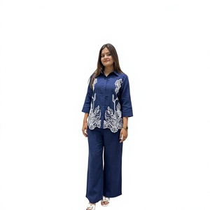 Nouvelle Collection – Ensemble en Coton Denim Brodé pour Femme, Style Designer, Entièrement Cousu, Infroissable, Séchage Rapide, Extensible - Product Image 1