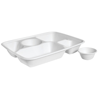 Plateau repas rectangulaire jetable en bagasse de canne à sucre biodégradable à 5 compartiments, design moderne, certifié OK-COMPOST, pour le camping
