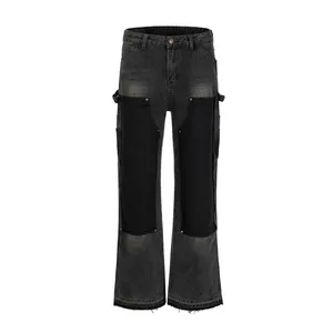 Atacado Streetstyle Patchwork 12OZ Denim Calças Antigas Tendência Spandex Baggy Jeans Homme Flare Jeans