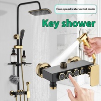 Robinet de Douche Mural Noir et Or à 4 Fonctions, Cascade, Monocommande en Acier Inoxydable, Ensemble Complet de Robinetterie de Bain et Douche