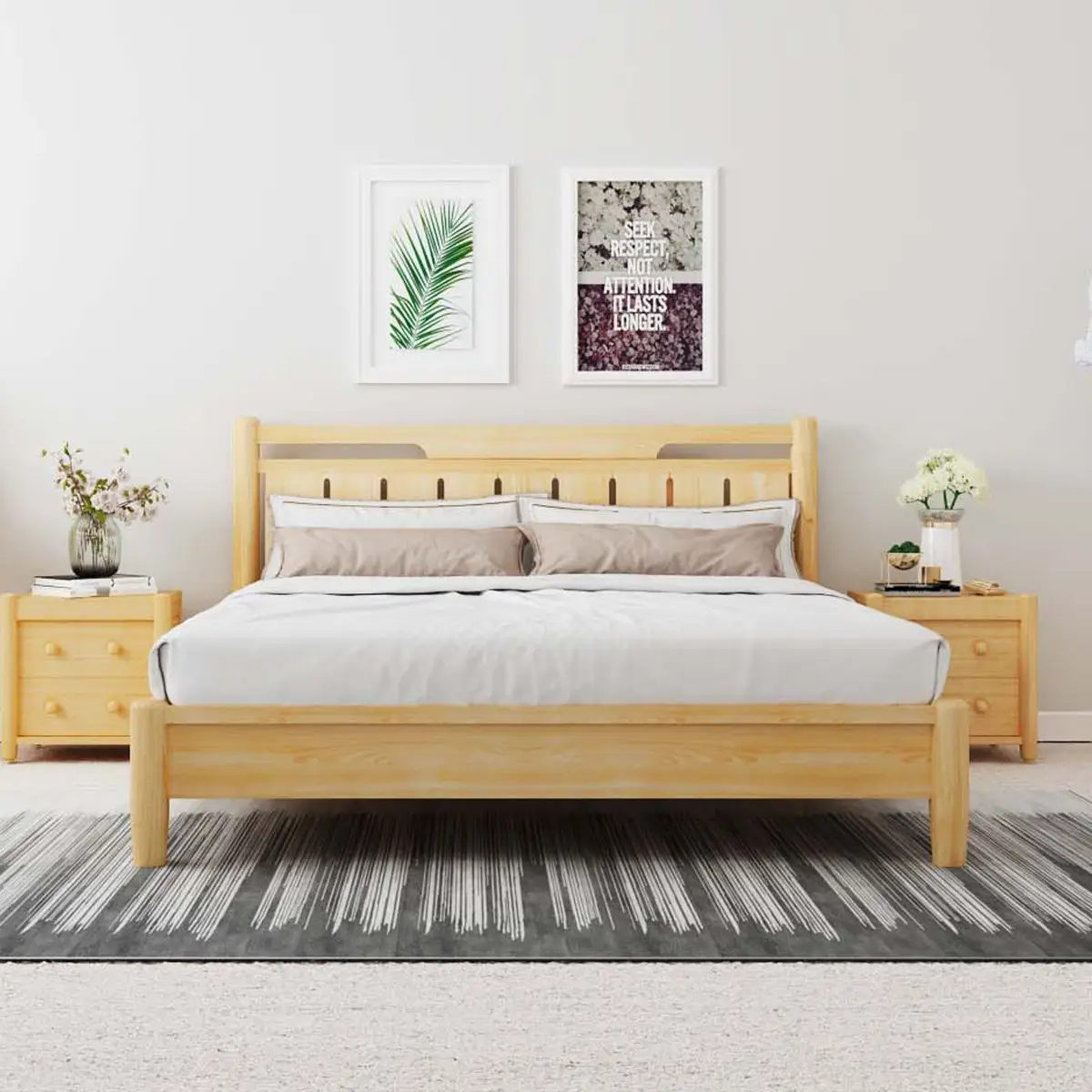 Home Furniture Bedroom Modern Double Bed 1.5m/1.8m Simple Set Pine Wood Wall Frame Style Living