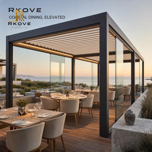 Pergola électrique en aluminium RKOVE RK-S2 5x8m multi-baies autoportante avec panneaux de verre coulissants et éclairage LED pour restaurant côtier - Product Image 2