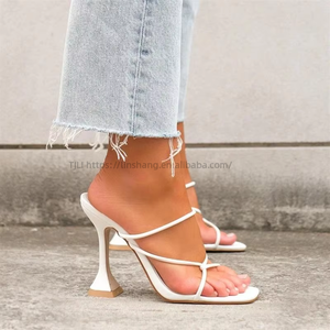 Square Head Women's High Heels One Line Slippers New Large Size Fine Heel Fashion PVC PU Rubber Summer <b>Sandals</b> 35-43 - Product Image 1