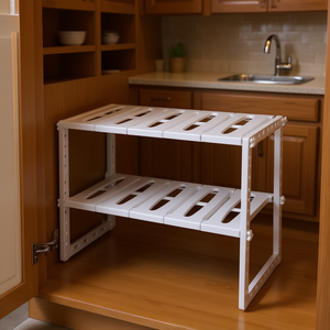 D0100HH2NGG Étagère de cuisine extensible à 2 niveaux, organisateur de rangement sous l'armoire, plastique blanc, style minimaliste rectangulaire - Product Image 2