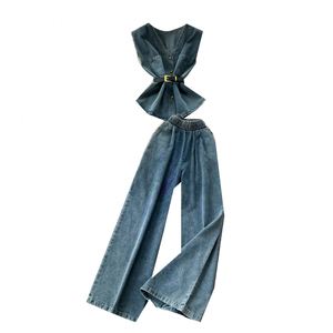 Ensemble décontracté d'été pour femme : Tunique sans manches à col en V en tissu uni et pantalon de jogging en jean taille haute, anti-plis - Product Image 5