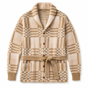 Cardigan pour homme 100 % polyester à carreaux, col châle, ceinturé, boutonné, <span class=keywords><strong>en</strong></span> maille, avec poches, automne-hiver, vente <span class=keywords><strong>en</strong></span> gros, OEM - Product Image 1