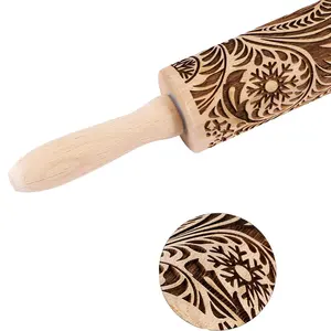 Naturel noël outils de cuisson gravés outils accessoires de cuisine rouleaux à pâtisserie en bois avec poignée biscuits