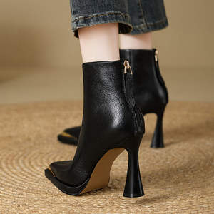 Women's <strong>Black</strong> Leather <strong>Ankle</strong> Boots Pointed Toe Block Heel <strong>Gold</strong> Decor Side Zipper Fashion <strong>Booties</strong> for Office Party Wear - Product Image 2