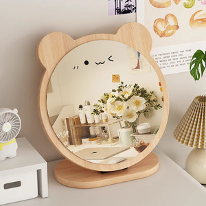 Wooden Bear Shape Makeup Mirror Round Desk <b>Vanity</b> Mirror For Bedroom Dressing <b>Table</b> High Definition Portable Student Use - Product Image 1