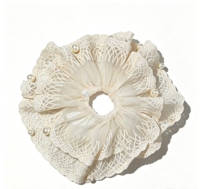 Chouchou à cheveux en dentelle ajourée à volants avec décoration de fausses perles, attaches pour cheveux en dentelle de maille douce, accessoires capillaires romantiques style Cottagecore