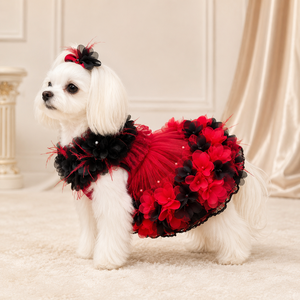 Robe de luxe pour chien, rouge et noir, avec appliques florales 3D, en tulle superposé, pour petite taille, tenue de fête, jupe pour chiot, costume d'anniversaire - Product Image 3