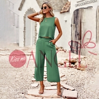 KISS ME ANGEL ensemble de mode d'été féminité couleur unie haut sans manches ample pantalon neuf quarts femmes ensemble deux pièces