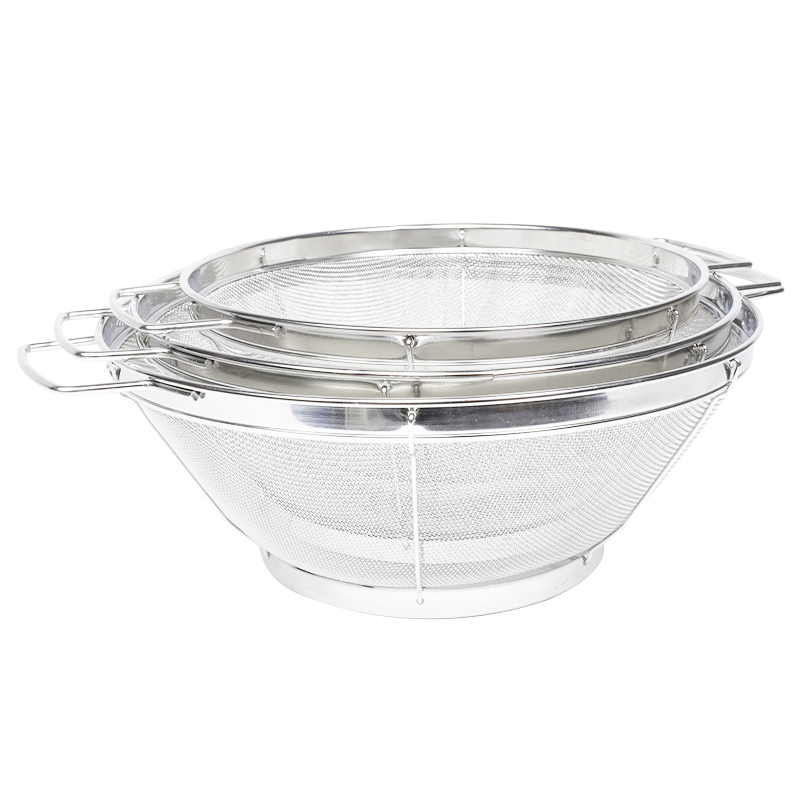 Hot sale Amazon custom 3 pack Stainless Steel Mesh Strainer Colander Set  with Handles & Resting Base