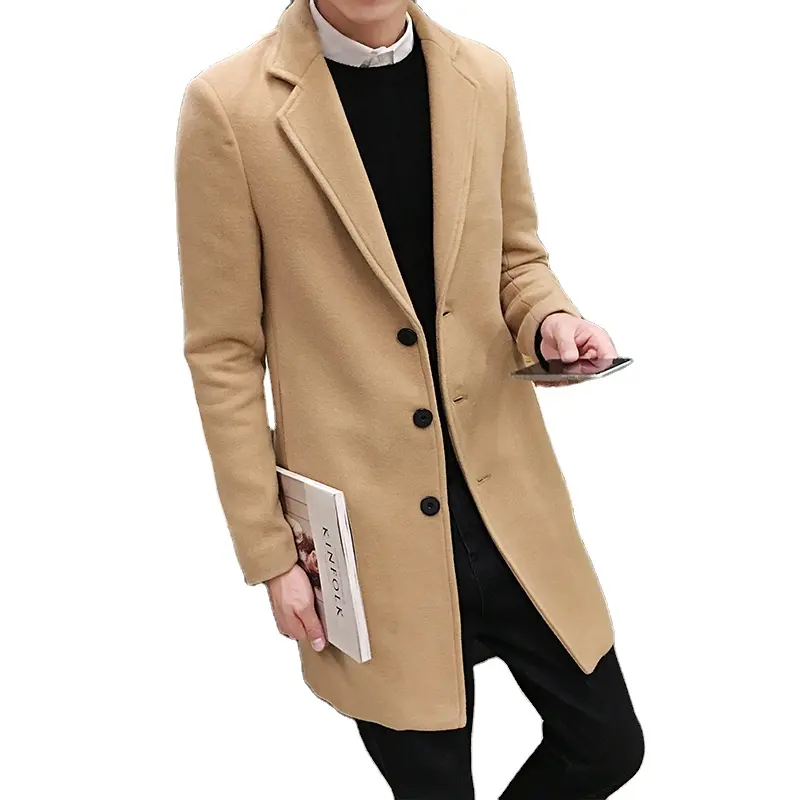 Solid Color Casual Fashion Men Long Coat Breathable Thermal Wool Coat Trench Coat