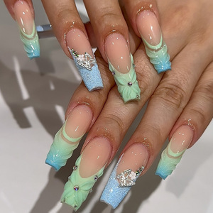 24 faux ongles en ABS à couverture complète, écologiques, motif floral 3D, à presser, pour salon de manucure, avec colle - Product Image 4