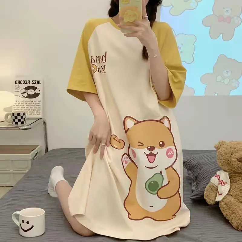 Nuevo camisón largo de manga corta para mujer de verano, vestido suelto de algodón de dibujos animados para niña, pijama informal para el hogar