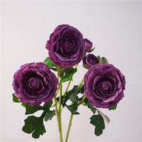 S-0009 Ranunculus artificiel en soie à 3 têtes, tige unique, toucher réel, haute qualité, pour décoration de Noël et de mariage