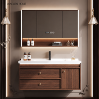 Ensemble de meubles de salle de bain de luxe moderne en noyer avec vasque flottante personnalisée, armoire et miroir intelligent LED – Mobilier complet pour la maison