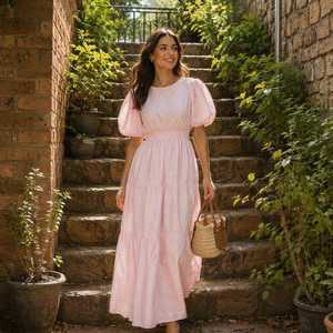 Robe longue rose évasée à manches bouffantes, taille haute, coupe trapèze, en Spandex/Polyester, infroissable, pour soirée décontractée, à ourlet superposé uni, style simple - Product Image 1
