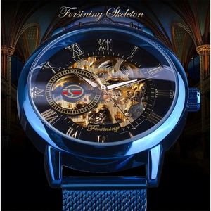 Reloj de Pulsera Mecánico para Hombre Forsining, Diseño Retro Real con Esqueleto 3D, Correa de Malla de Acero Azul, Movimiento Dorado, Marca de Lujo - Product Image 2