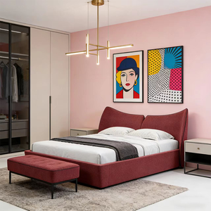 <span class=keywords><strong>Cama</strong></span> de Plataforma de Tela de Lujo, Estilo Italiano Minimalista, Cabecera Curva, Diseño de Diseñador, Tamaño Queen, para Apartamento - Product Image 1