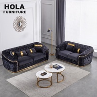 Sofa Chesterfield Mewah HOLA Hitam Persegi, Loveseat & Set Sudut Berbahan Beludru untuk Ruang Tamu Villa dengan Kaki Kayu