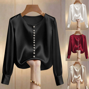 Camiseta Casual de Primavera para Mujer, Estilo Europeo y Americano, Cuello Redondo, <span class=keywords><strong>Manga</strong></span> <span class=keywords><strong>Larga</strong></span>, Tejido con Cuentas, Color Sólido - Product Image 2
