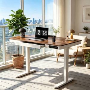 Scrivania Ergonomica Regolabile in Altezza in Acciaio Laminato a Freddo con Piano in Legno Massello, Postazione di Lavoro per Studio Domestico - Product Image 5
