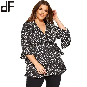 OEM Black White Dalmatian Print Middy BlouseTops Designer Blouses Silk Woman Europe Style Flare Sleeve Wrap Blouse For Women