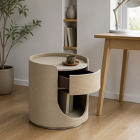 Table de chevet cylindrique moderne de luxe, faite à la main, écologique, rembourrée, 1 tiroir, placage bois clair, cuir camel, pour salle à manger