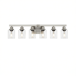 Luminaire de salle de bain moderne à 6 lumières, 37 pouces, finition nickel brossé avec abat-jour en verre transparent, éclairage pour zone de toilette (sans ampoules) - Product Image 1
