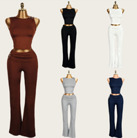 Viviblook Z304ST03 Conjunto de Dos Piezas para Mujer, Verano, Color Sólido, Bordado, Top Corto sin Mangas, Pantalones Acampanados, Casual, Talla Grande