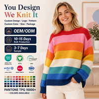 Pull en tricot rayé arc-en-ciel personnalisé pour femme, col rond, manches longues, coupe ample, vêtements décontractés pour femmes, OEM ODM