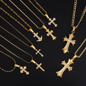 Collier religieux en acier inoxydable avec pendentif chaîne, croix en or massif 14K 21K et pierre de diamant de laboratoire, pour femmes et hommes - Product Image 2